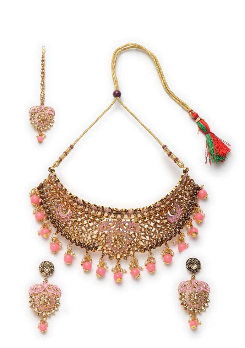 Pink Gold Plated Brass Jewellery Set - Indya