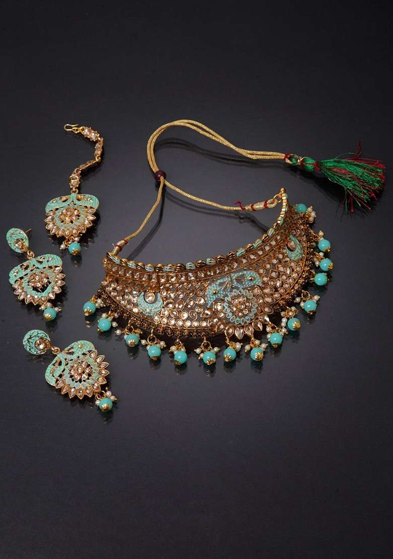 Sea Green Gold Plated Brass Jewellery Set - Indya