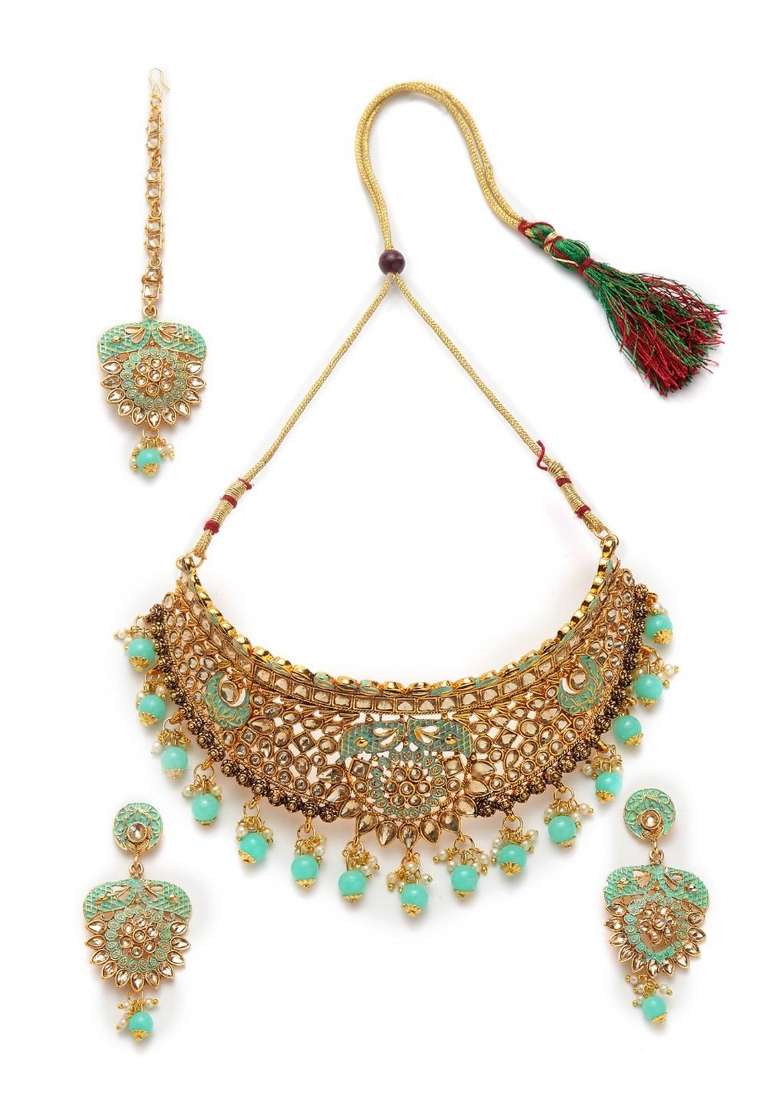 Sea Green Gold Plated Brass Jewellery Set - Indya