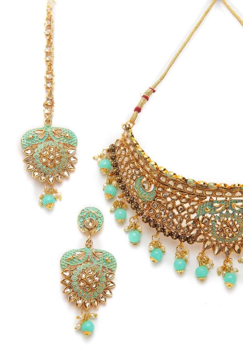 Sea Green Gold Plated Brass Jewellery Set - Indya