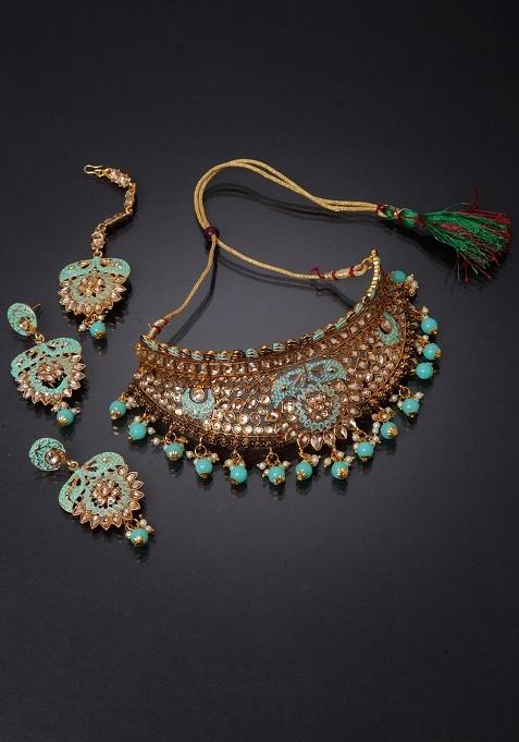 Sea Green Gold Plated Brass Jewellery Set