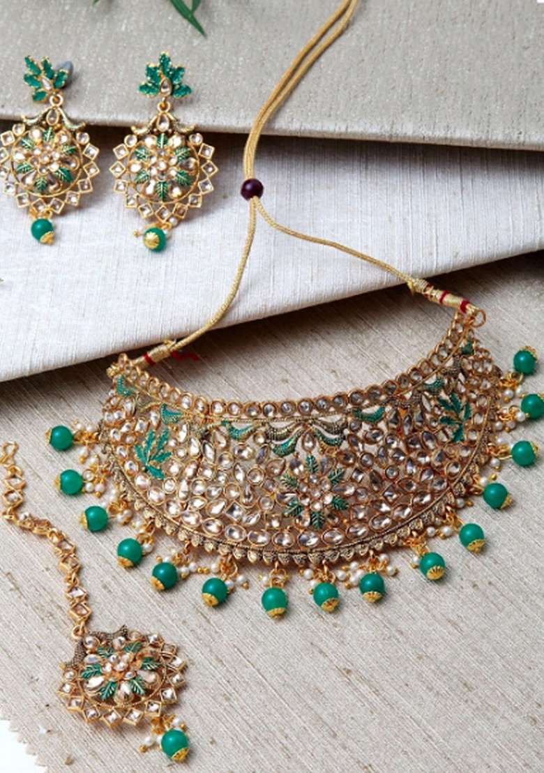 Green Gold Plated Brass Jewellery Set - Indya
