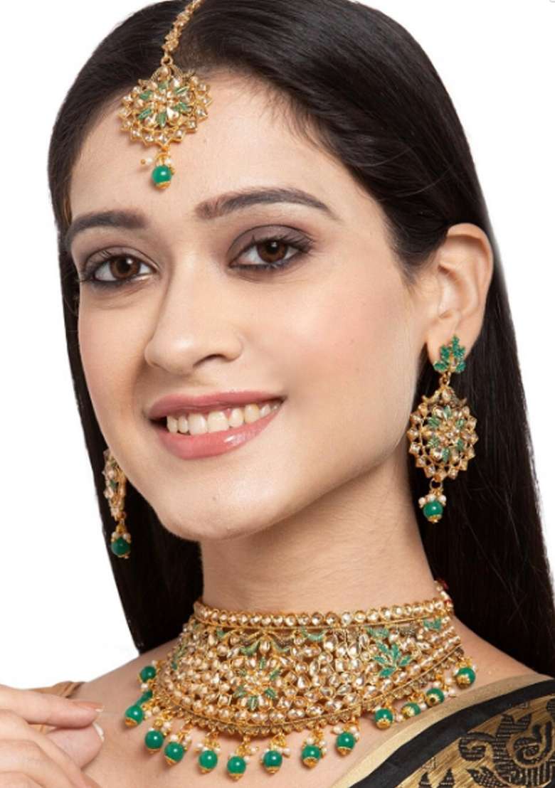 Green Gold Plated Brass Jewellery Set - Indya