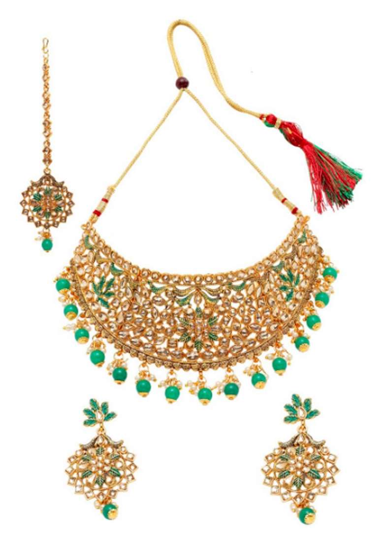 Green Gold Plated Brass Jewellery Set - Indya