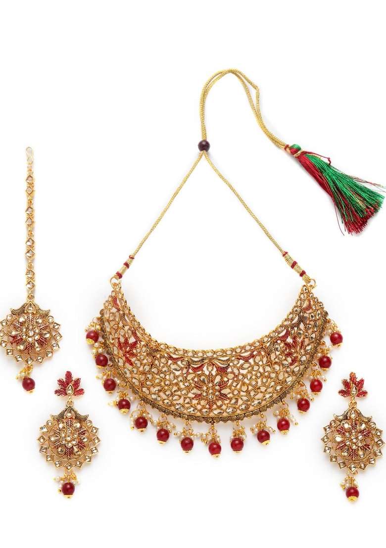 Maroon Gold Plated Brass Jewellery Set - Indya