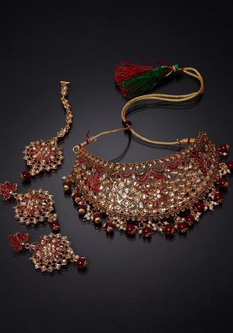Maroon Gold Plated Brass Jewellery Set