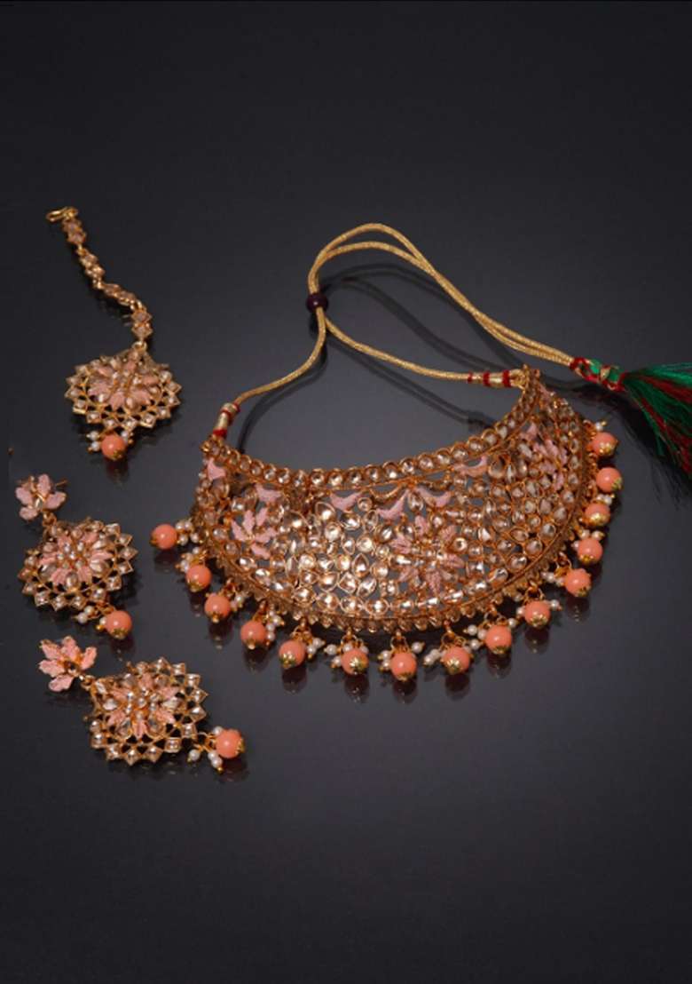 Orange Gold Plated Brass Jewellery Set - Indya