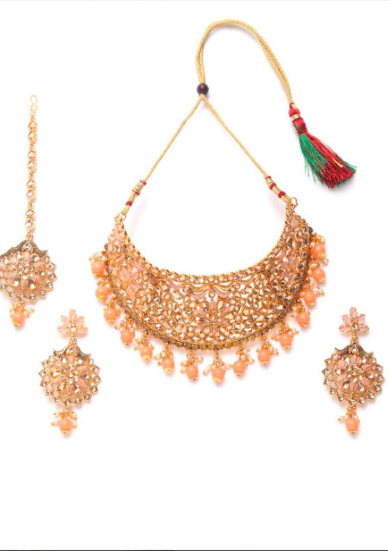 Orange Gold Plated Brass Jewellery Set - Indya