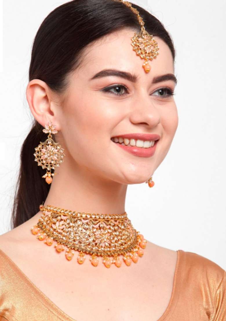 Orange Gold Plated Brass Jewellery Set - Indya