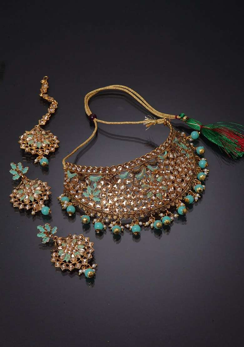 Sea Green Gold Plated Brass Jewellery Set - Indya