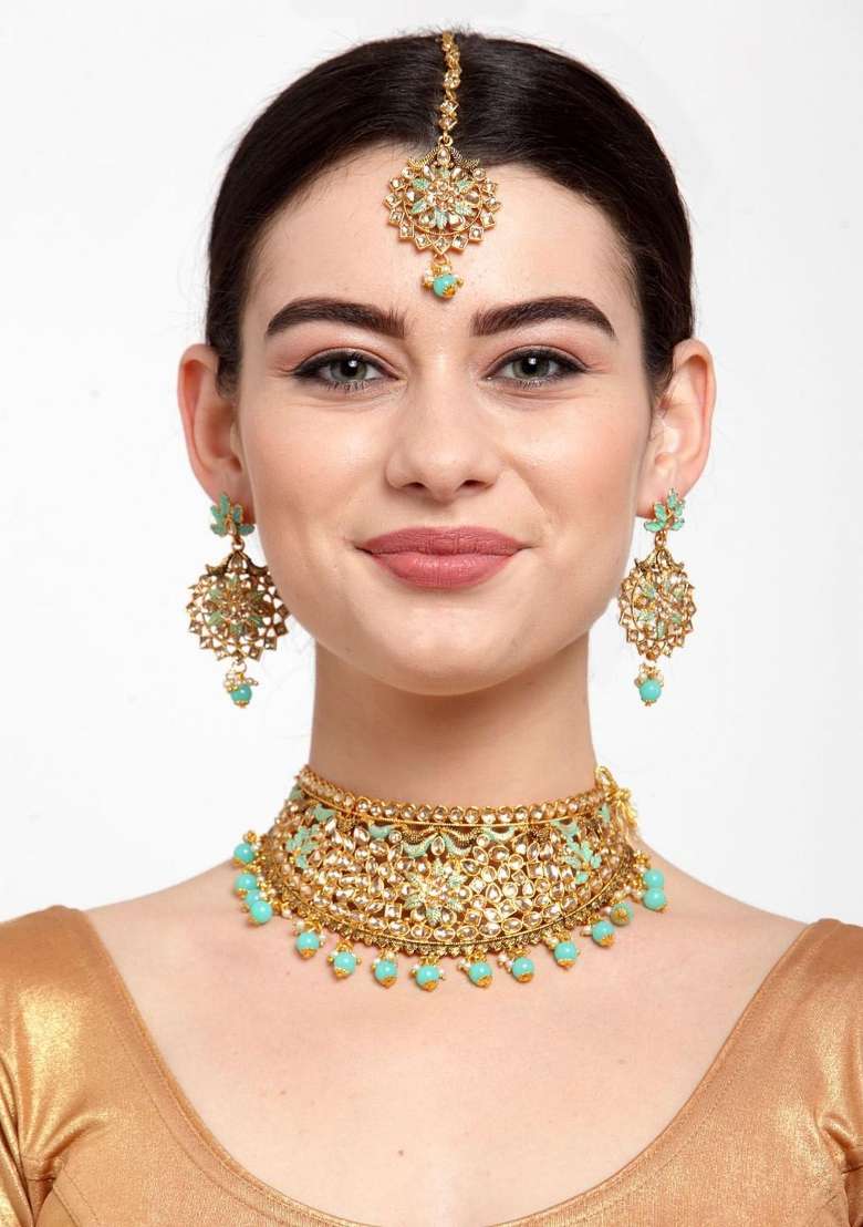 Sea Green Gold Plated Brass Jewellery Set - Indya