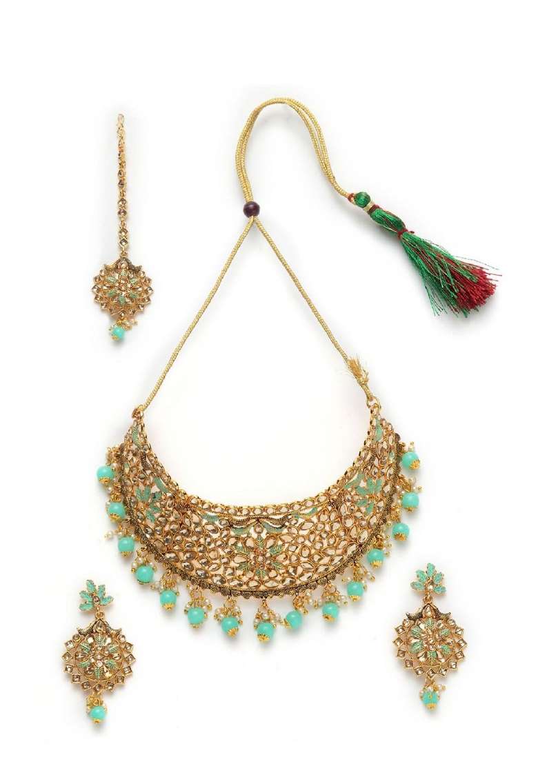 Sea Green Gold Plated Brass Jewellery Set - Indya