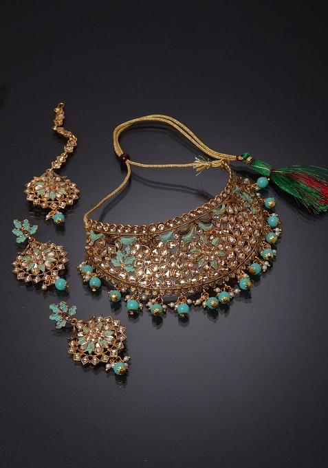 Sea Green Gold Plated Brass Jewellery Set