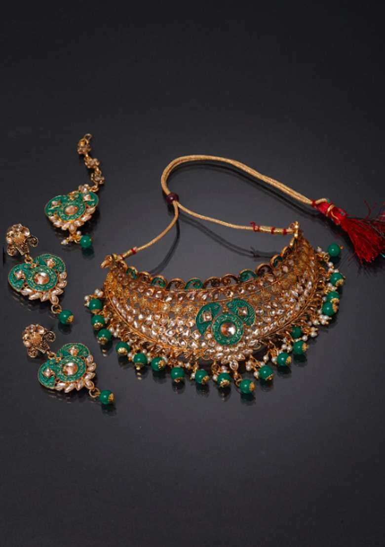 Green Gold Plated Brass Jewellery Set - Indya
