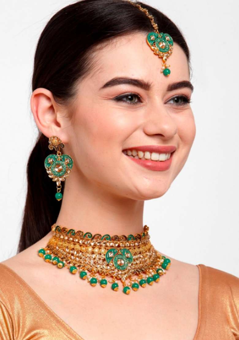Green Gold Plated Brass Jewellery Set - Indya