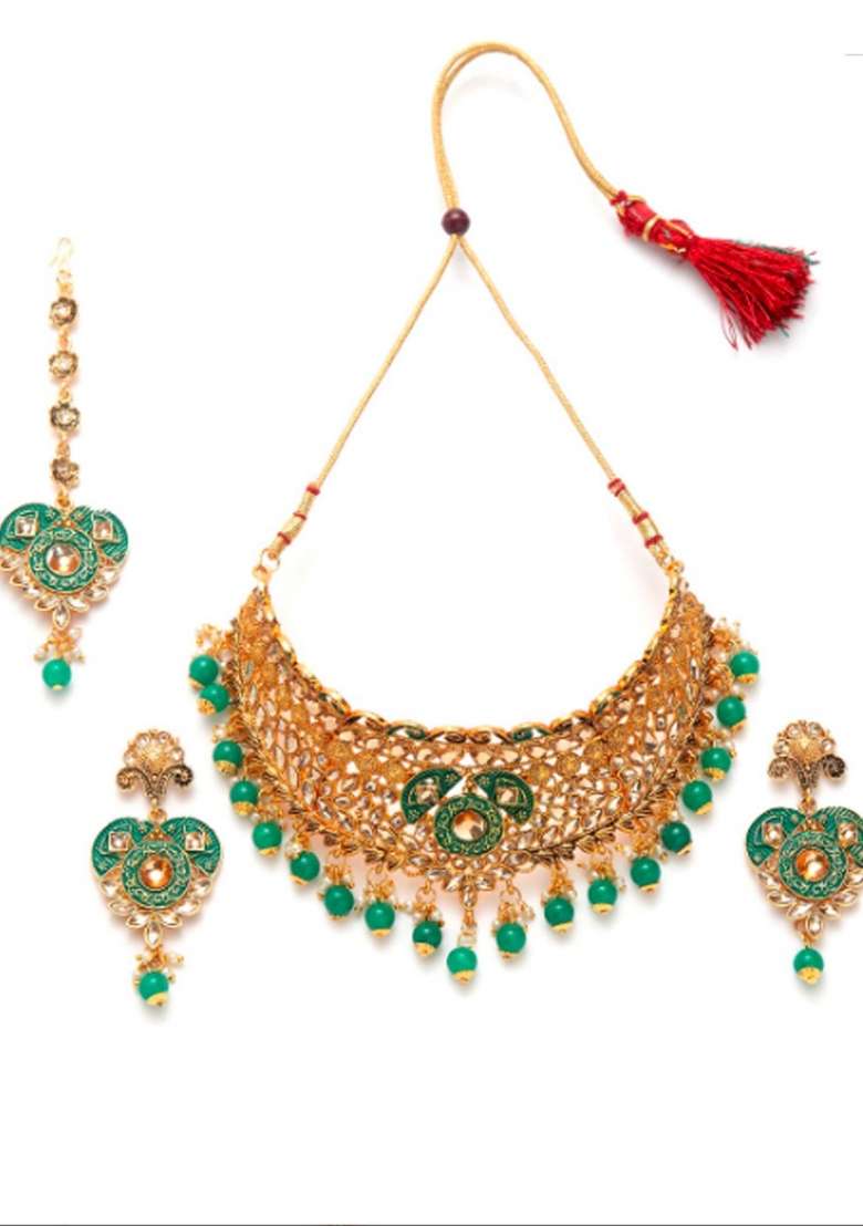 Green Gold Plated Brass Jewellery Set - Indya