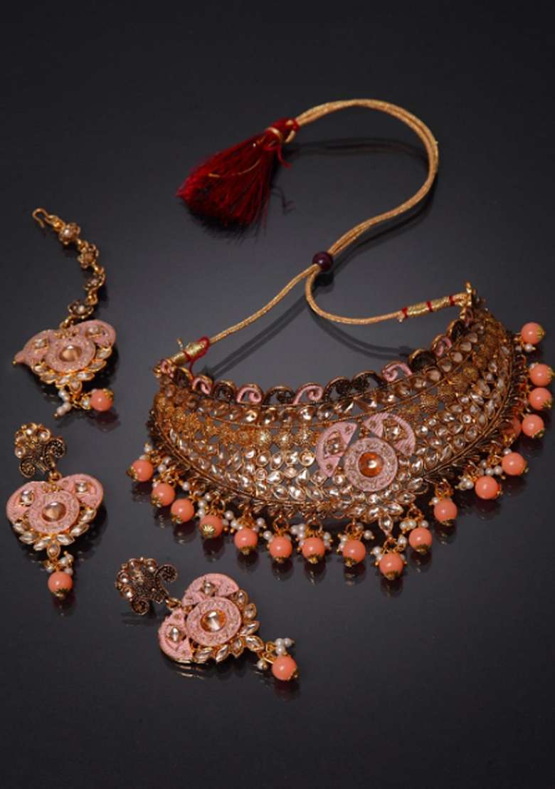 Orange Gold Plated Brass Jewellery Set - Indya