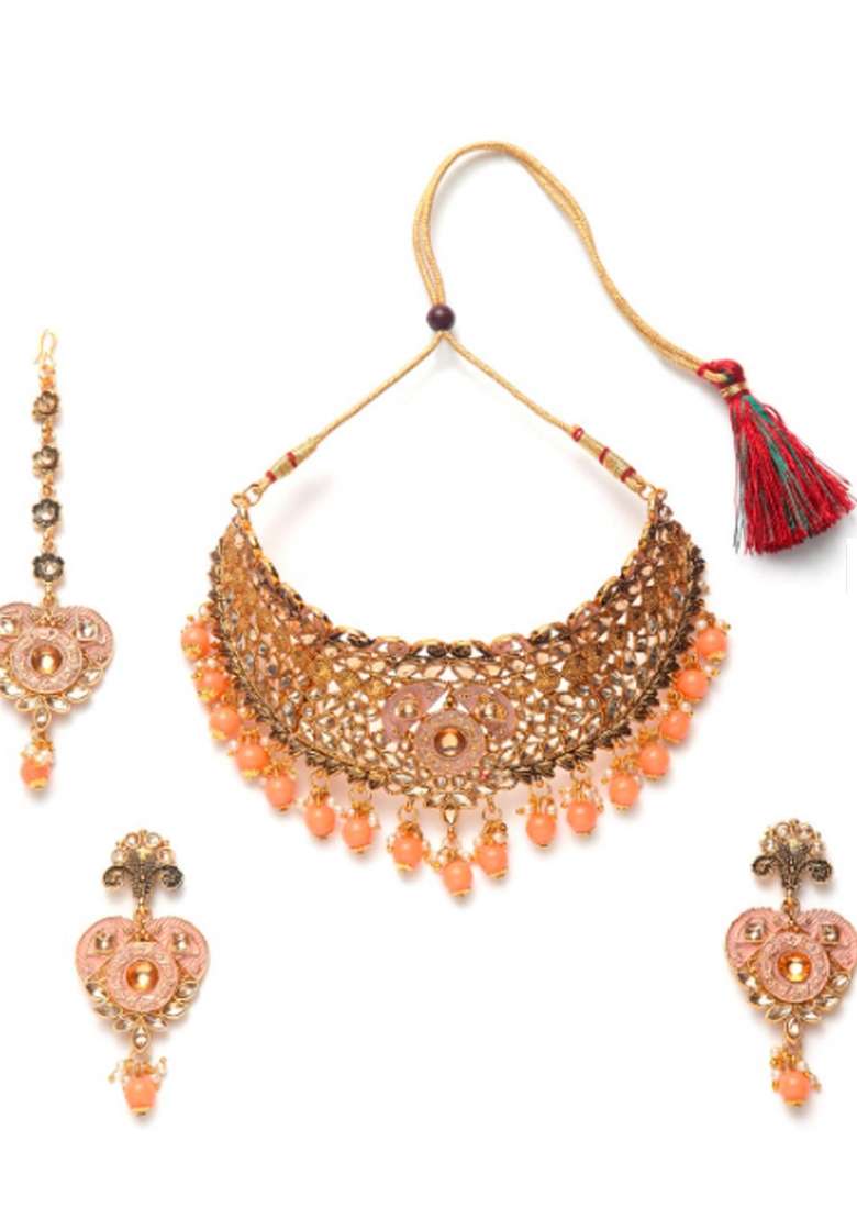Orange Gold Plated Brass Jewellery Set - Indya