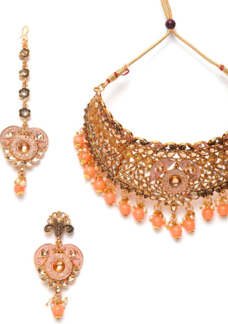 Orange Gold Plated Brass Jewellery Set - Indya