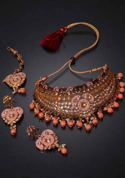 Orange Gold Plated Brass Jewellery Set
