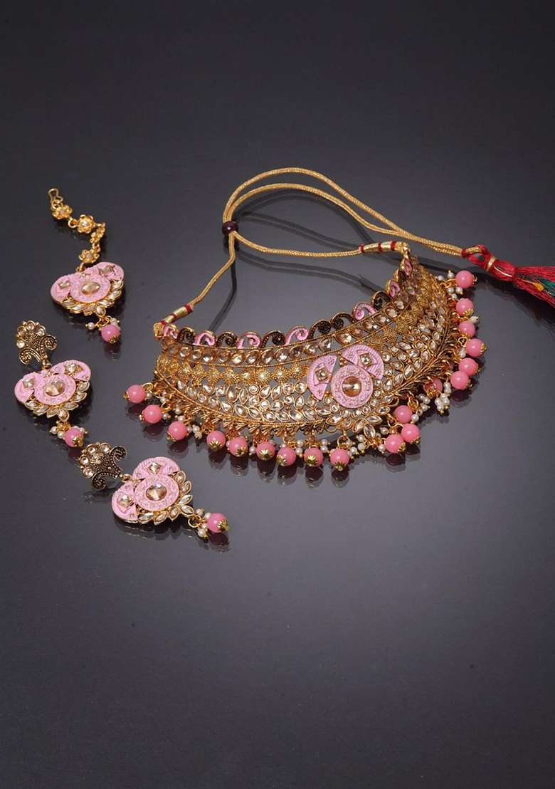 Pink Gold Plated Brass Jewellery Set - Indya