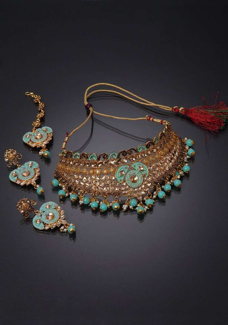 Sea Green Gold Plated Brass Jewellery Set - Indya