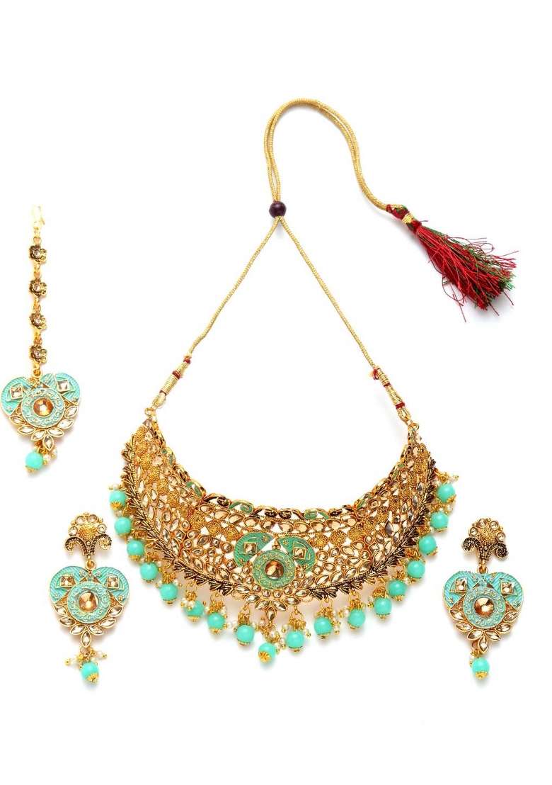 Sea Green Gold Plated Brass Jewellery Set - Indya