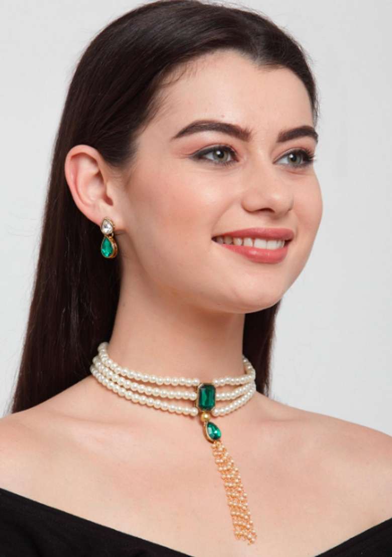Green Gold Plated Brass Jewellery Set - Indya
