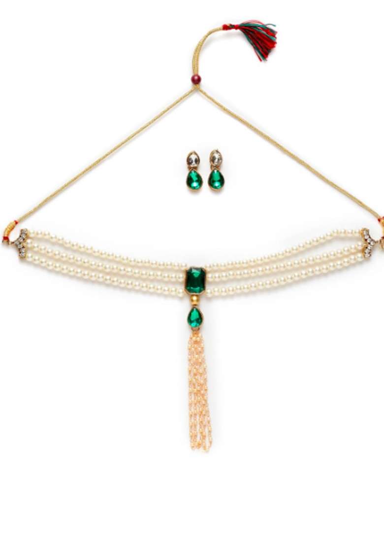 Green Gold Plated Brass Jewellery Set - Indya