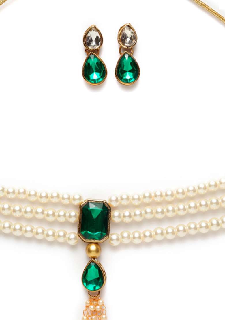 Green Gold Plated Brass Jewellery Set - Indya