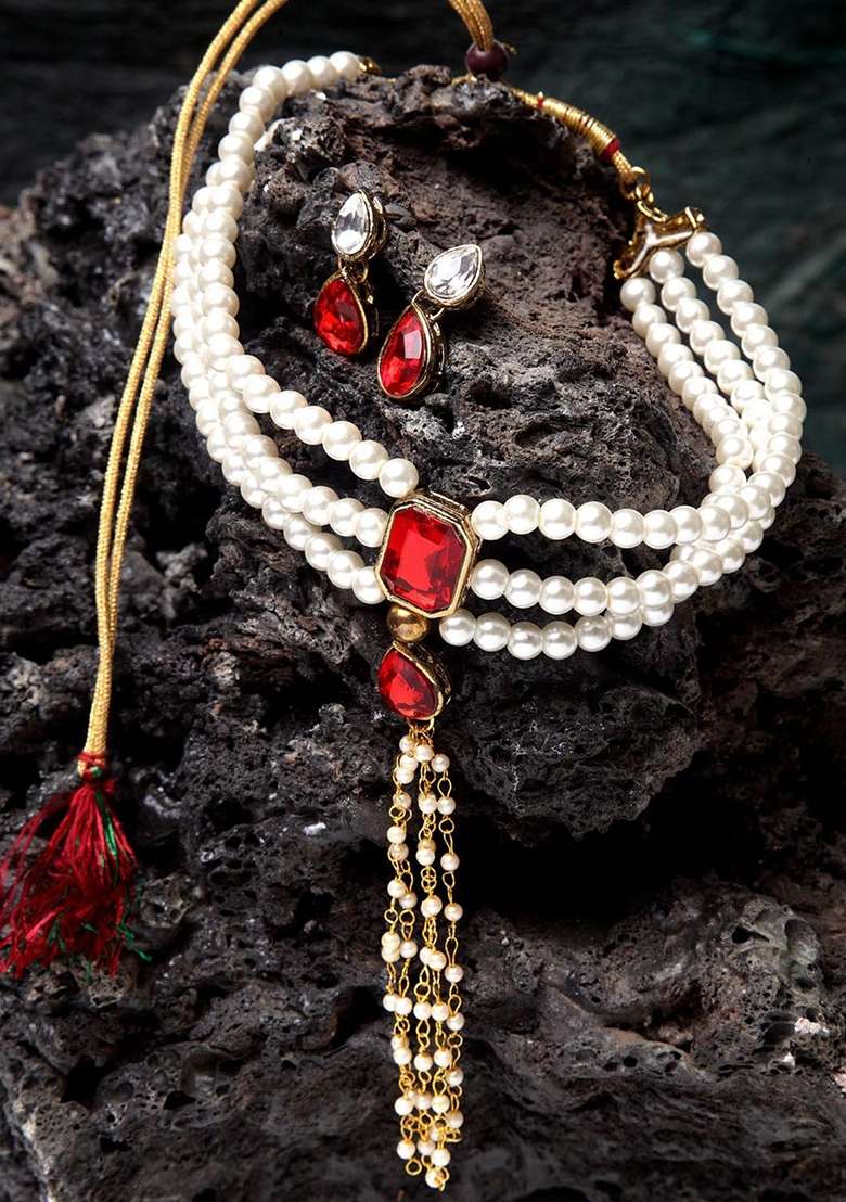 Red Gold Plated Brass Jewellery Set - Indya