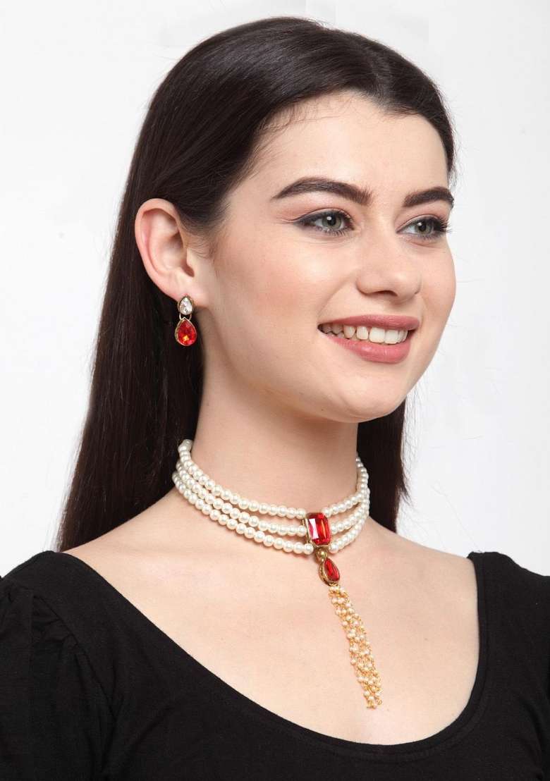Red Gold Plated Brass Jewellery Set - Indya