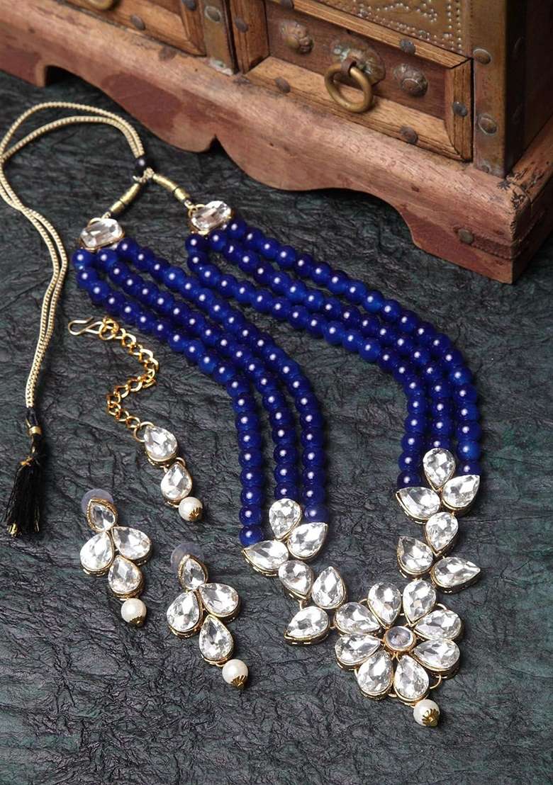 Blue Gold Plated Brass Jewellery Set - Indya