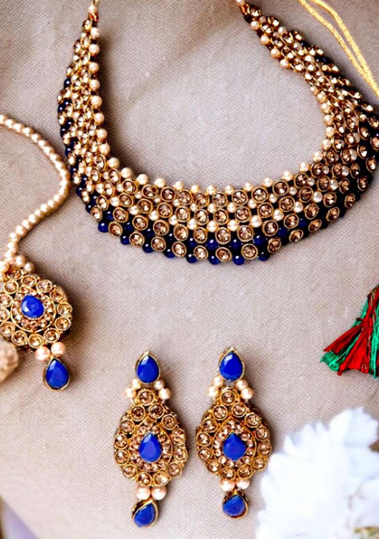 Blue Gold Plated Brass Jewellery Set - Indya