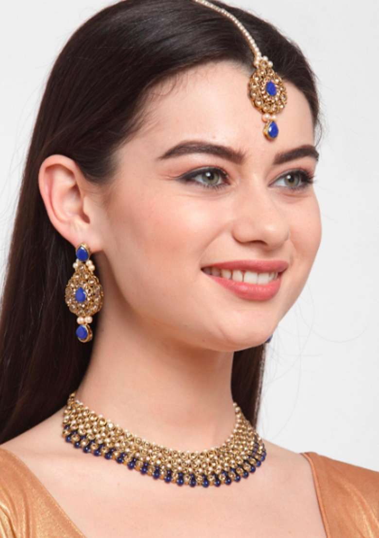 Blue Gold Plated Brass Jewellery Set - Indya
