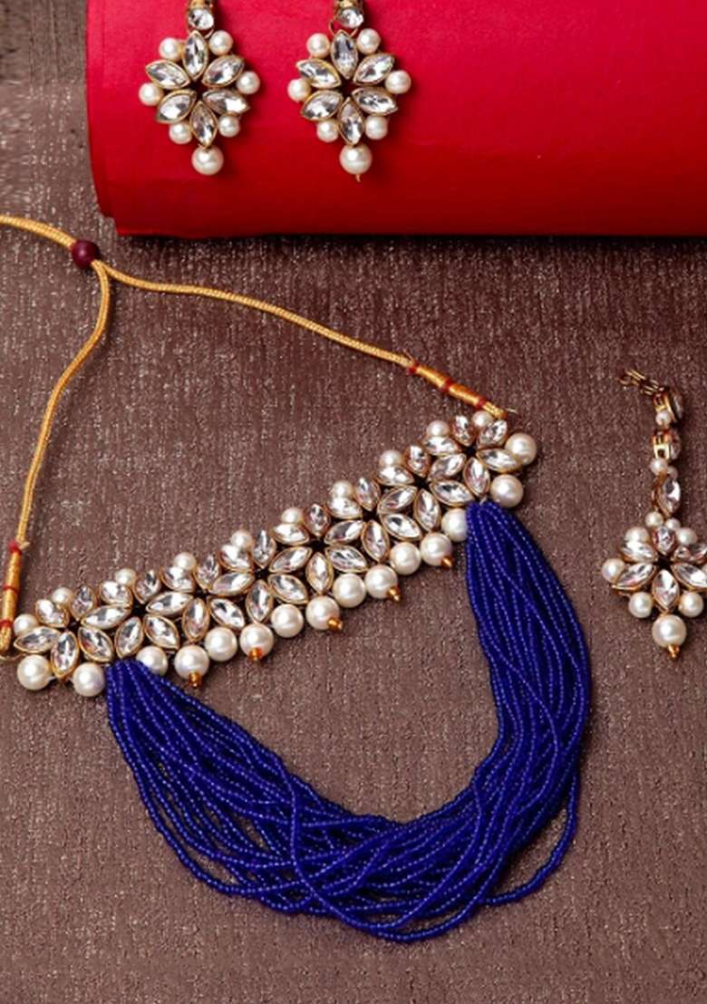 Blue Gold Plated Brass Jewellery Set - Indya