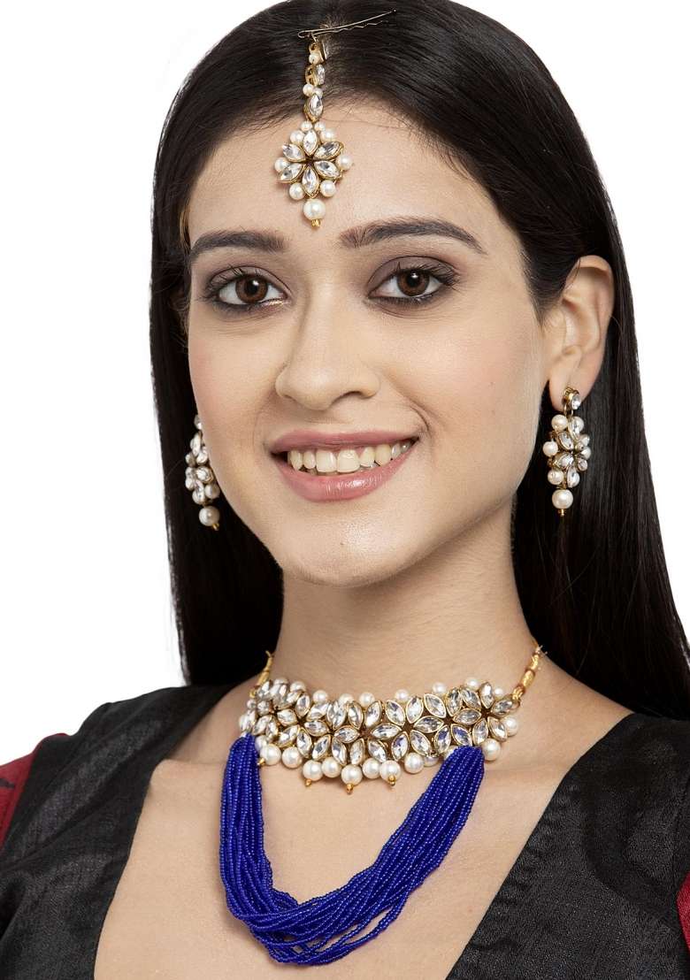 Blue Gold Plated Brass Jewellery Set - Indya