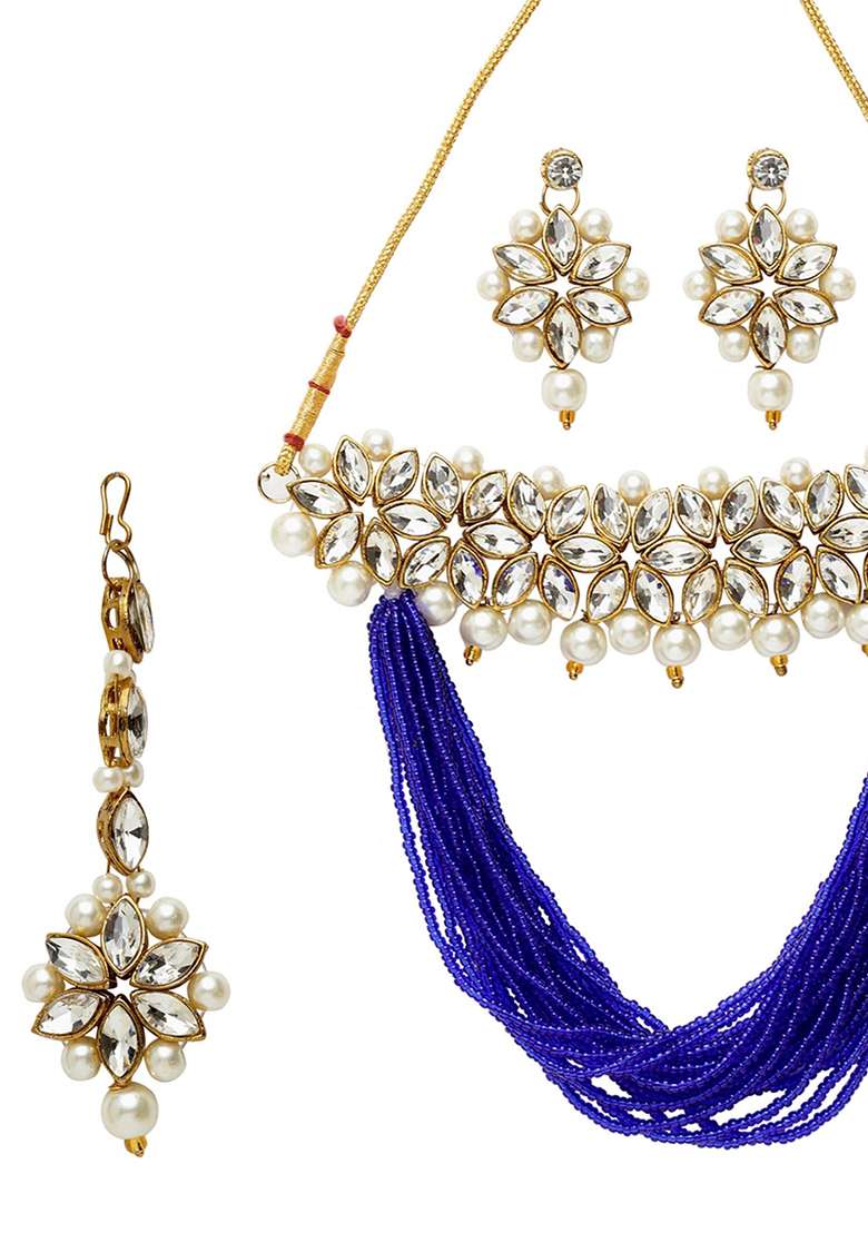 Blue Gold Plated Brass Jewellery Set - Indya