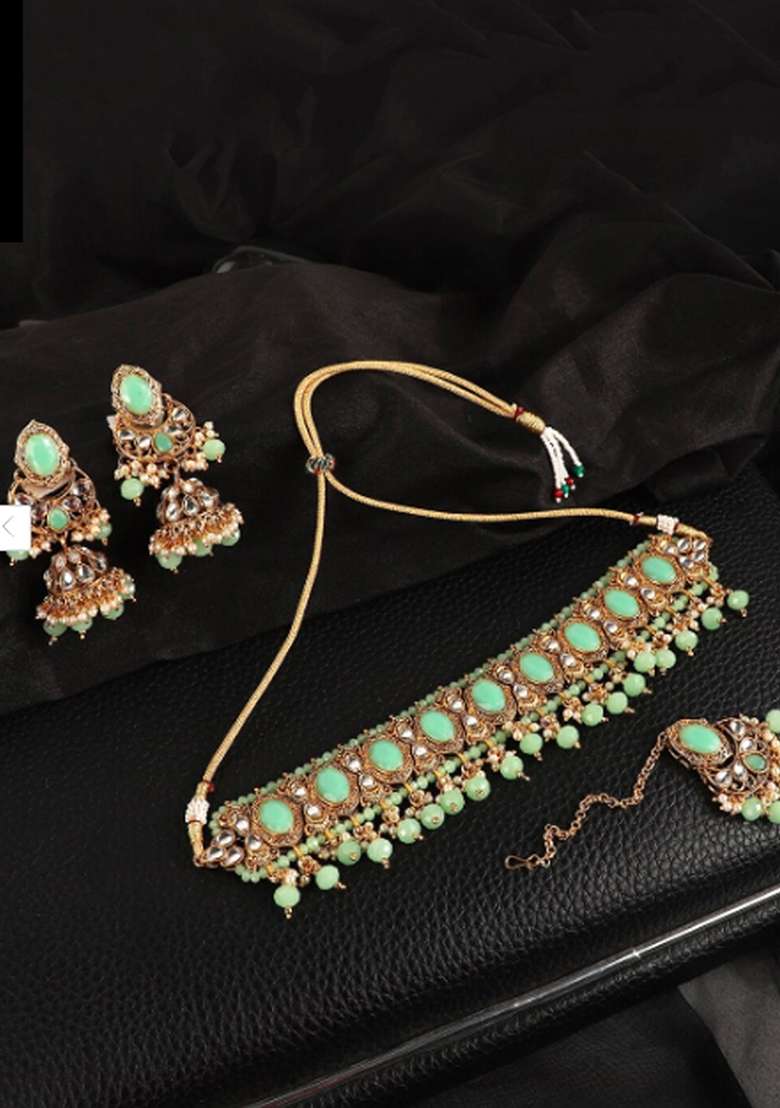 Green Gold Plated Brass Jewellery Set - Indya