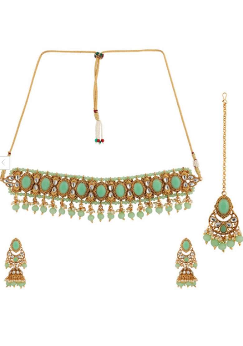 Green Gold Plated Brass Jewellery Set - Indya