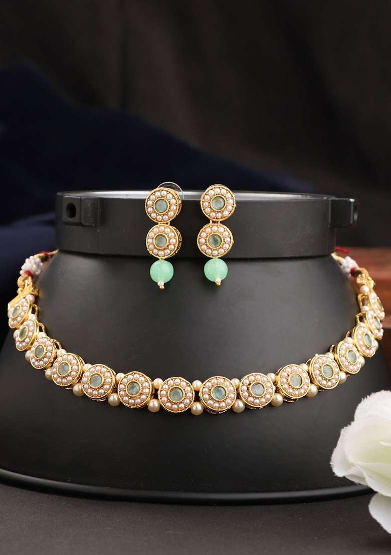 Sea Green Gold Plated Brass Jewellery Set - Indya
