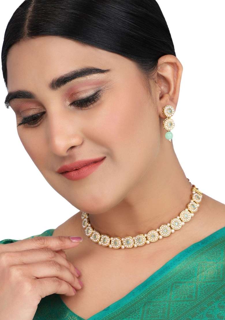 Sea Green Gold Plated Brass Jewellery Set - Indya