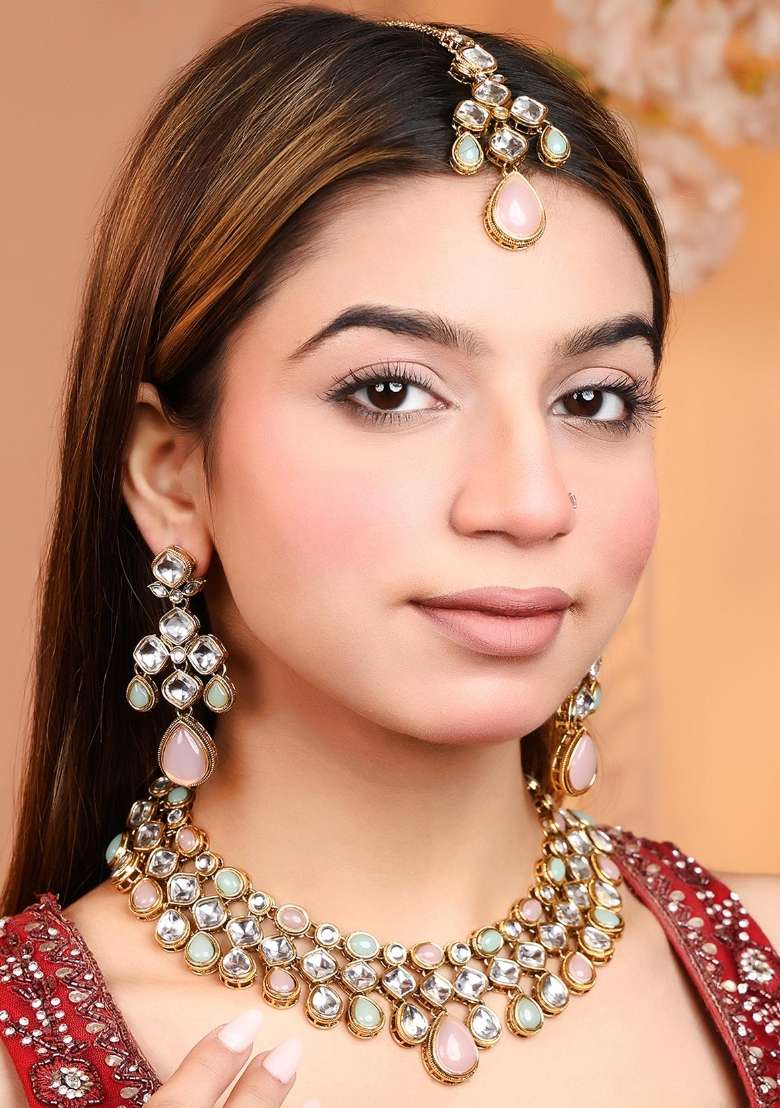 Pink Gold Plated Brass Jewellery Set - Indya