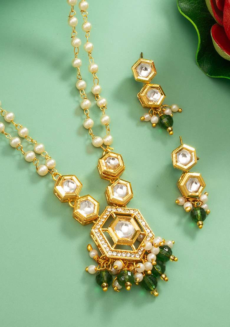 Green Gold Plated Brass Jewellery Set - Indya