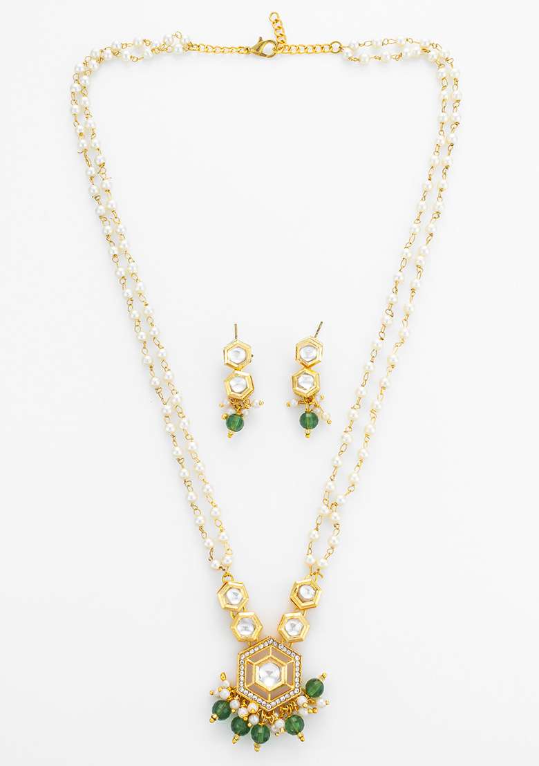 Green Gold Plated Brass Jewellery Set - Indya