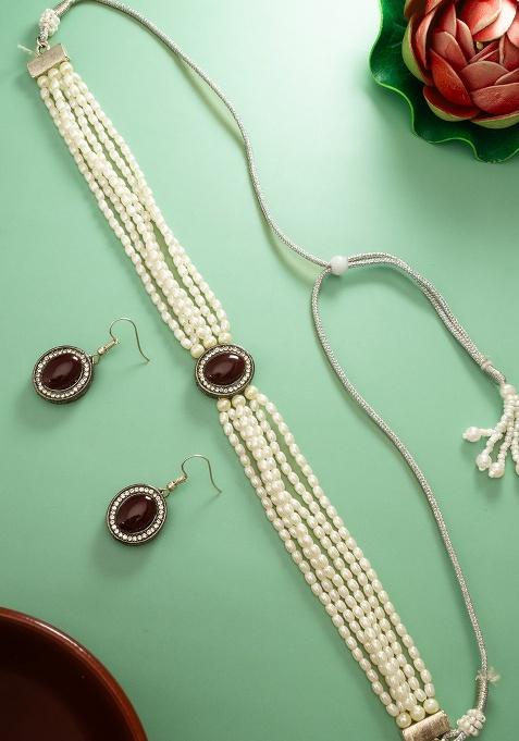 Maroon Gold Plated Brass Jewellery Set