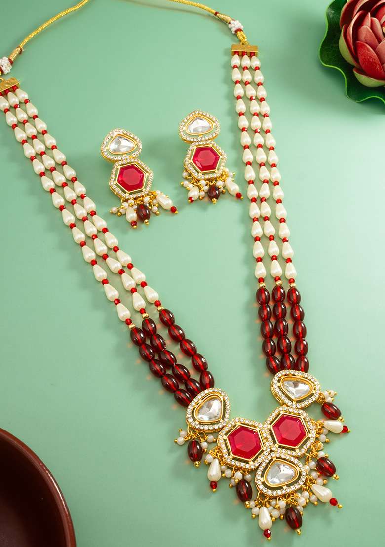Red Gold Plated Brass Jewellery Set - Indya
