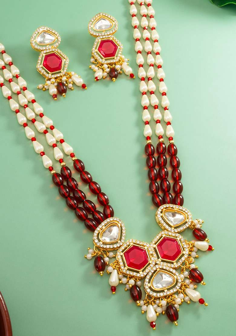 Red Gold Plated Brass Jewellery Set - Indya