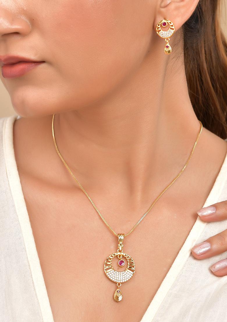 Gold Toned Circular Pandent with Chain And Earrings Set - Indya