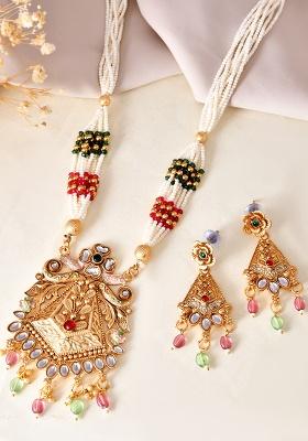 Gold Plated Designer Long Necklace With Earrings Set